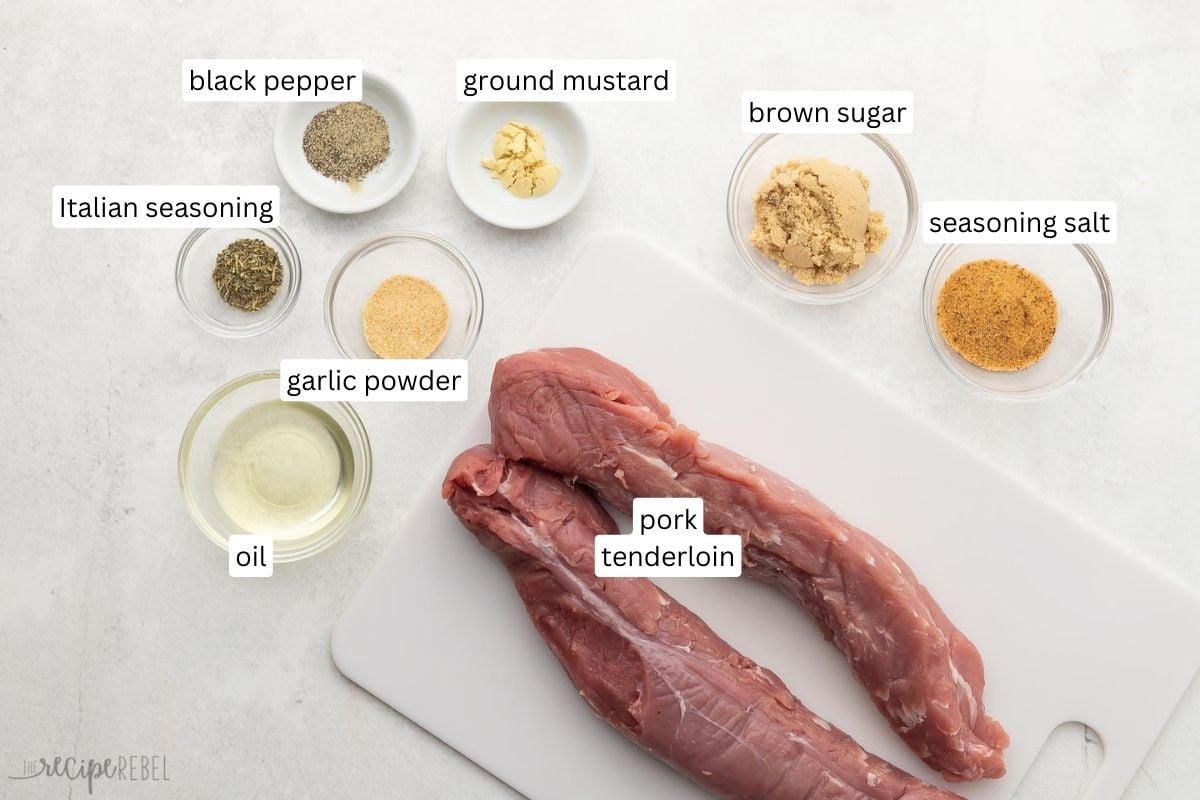 ingredients needed for baked roast tenderloin in glass bowls.