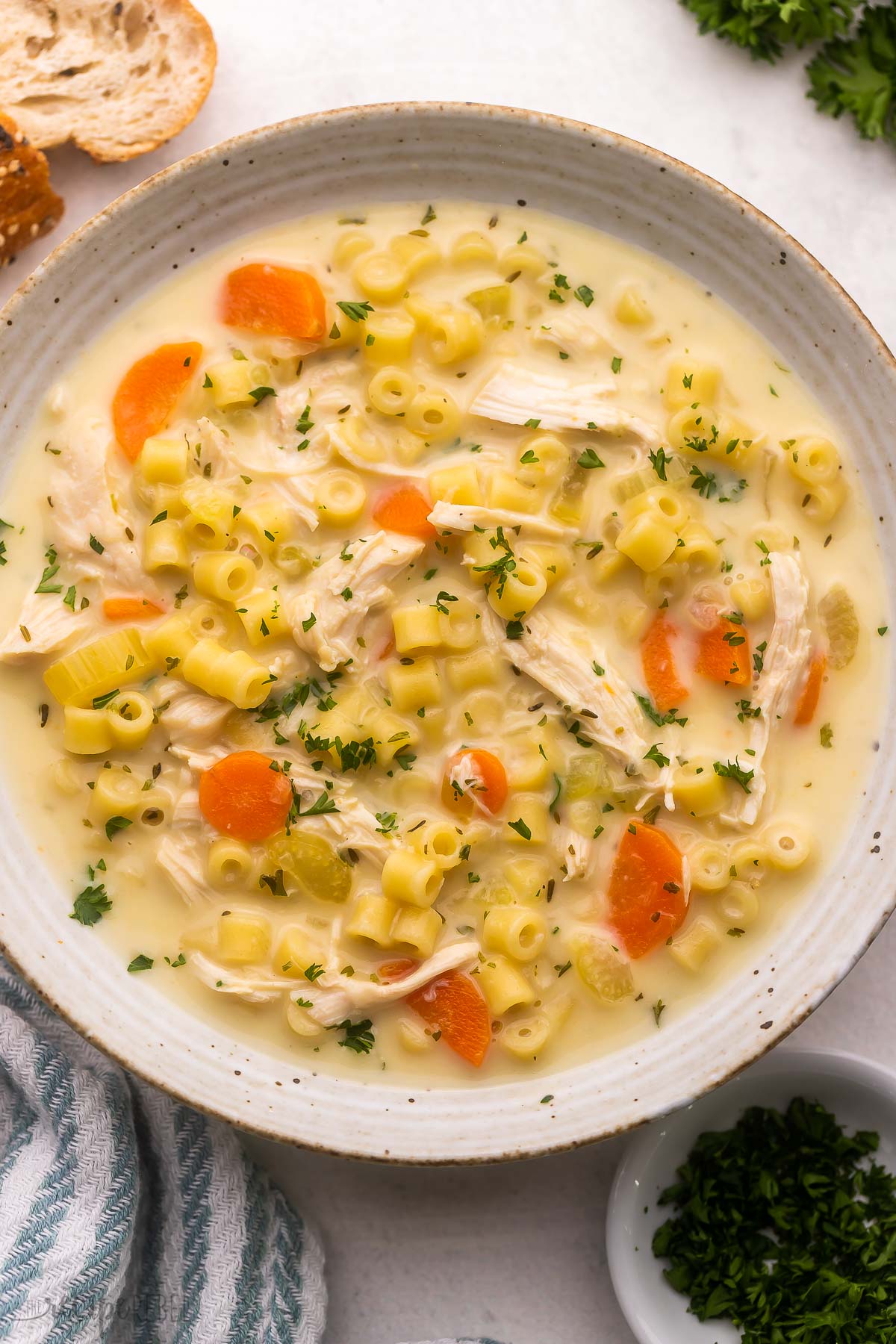 speckled bowl full of creamy chicken noodle soup.