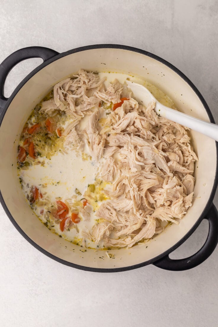 shredded chicken added to large pot with other soup ingredients.