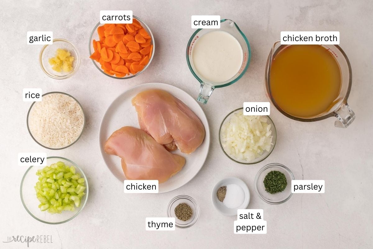 ingredients needed for creamy chicken rice soup in bowls and plate.
