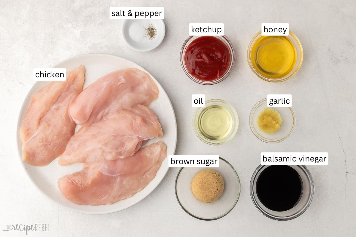 ingredients needed for grilled chicken marinade in bowls and plate.