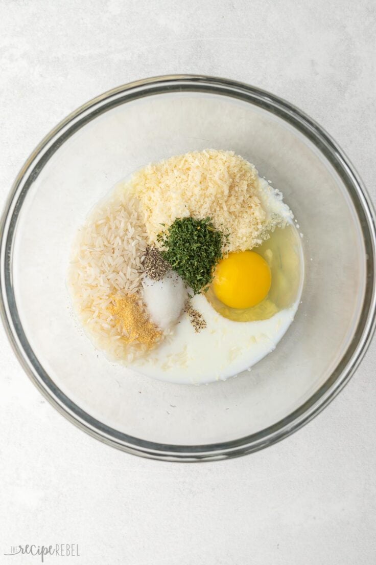 glass mixing bowl with unmixed ingredients.