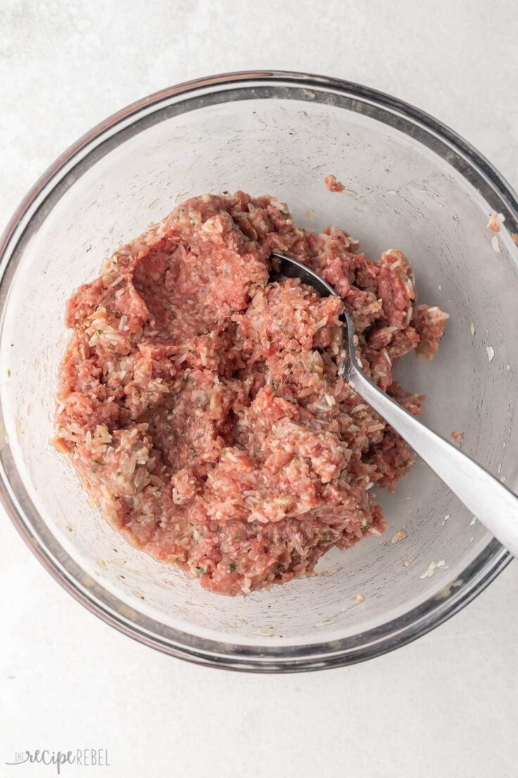 ground beef and spoon in glass mixing bowl.