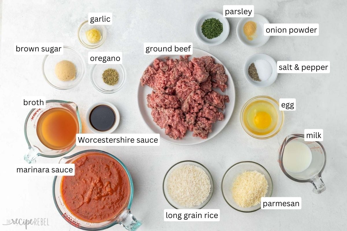 ingredients needed for porcupine meatballs in bowls and plate.