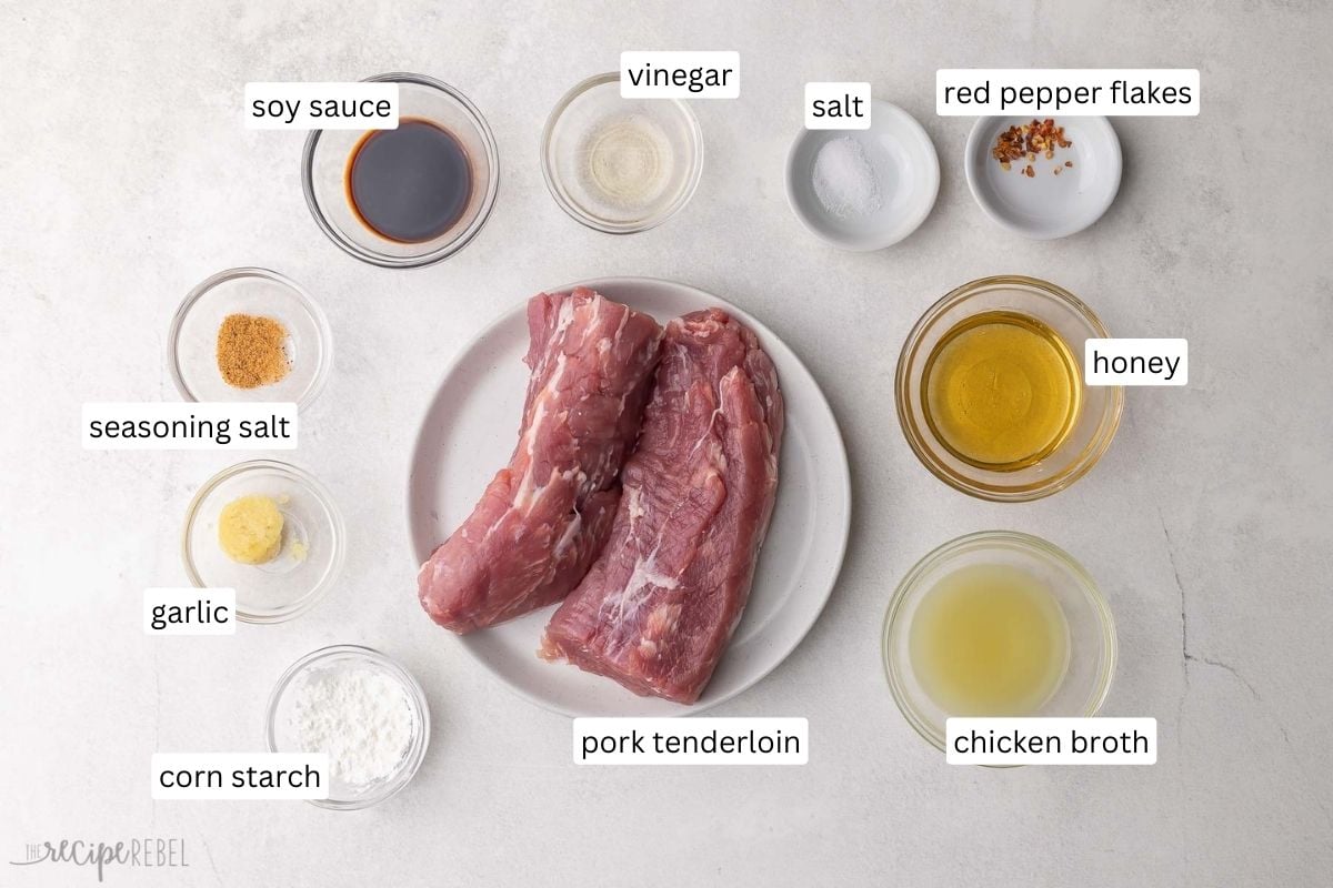 ingredients needed for slow cooker honey garlic pork tenderloin in bowls and plate.