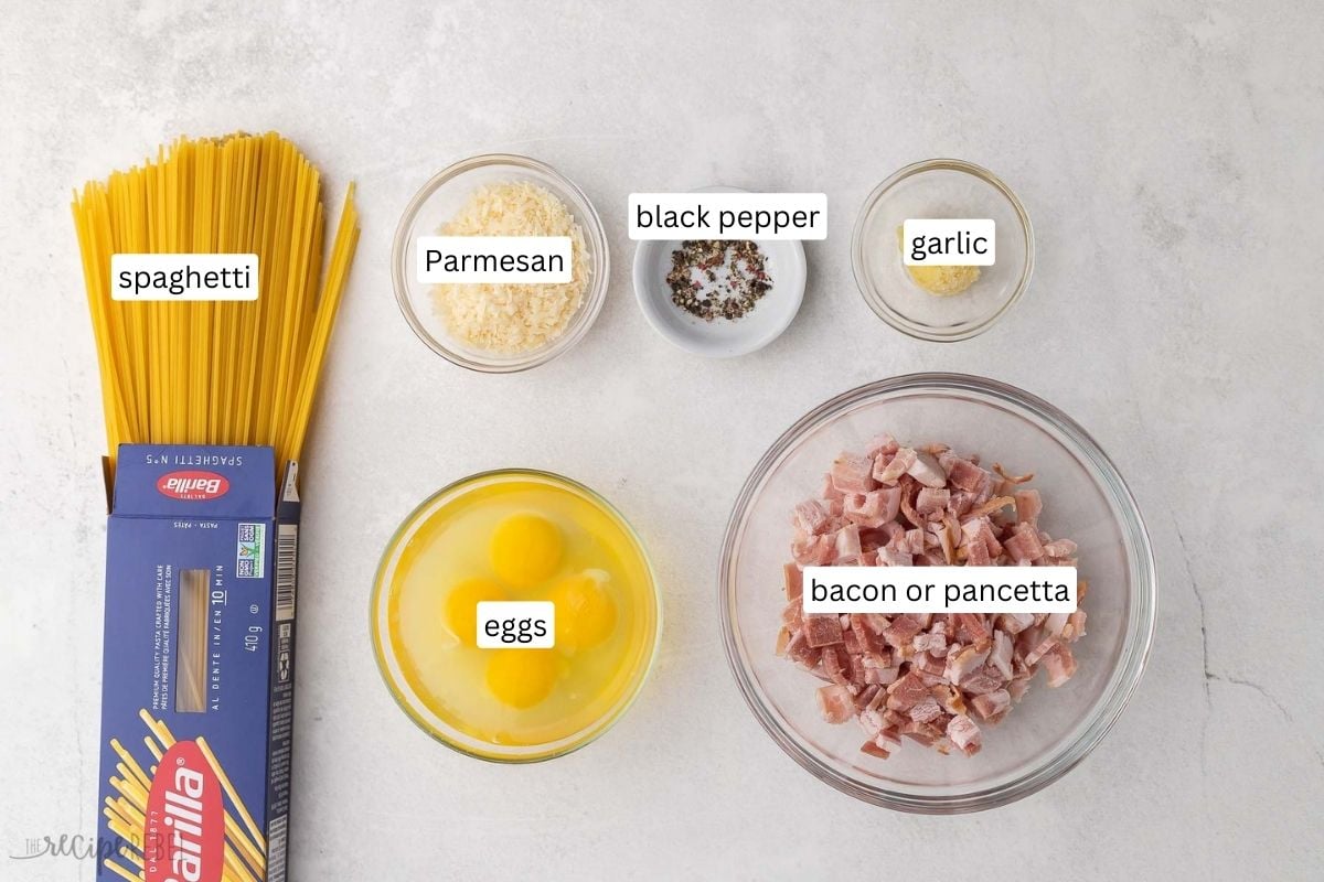 ingredients needed for spaghetti carbonara in bowls.