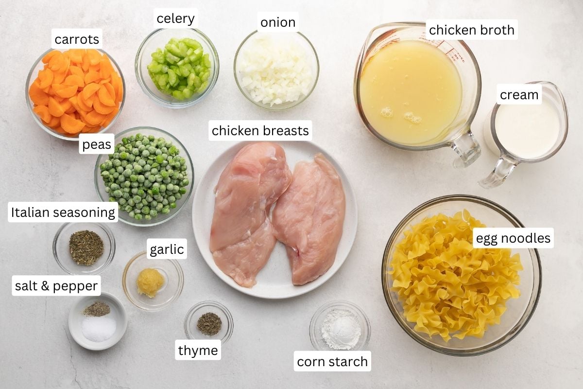 ingredients needed for one pan chicken and noodles in bowls and plate.