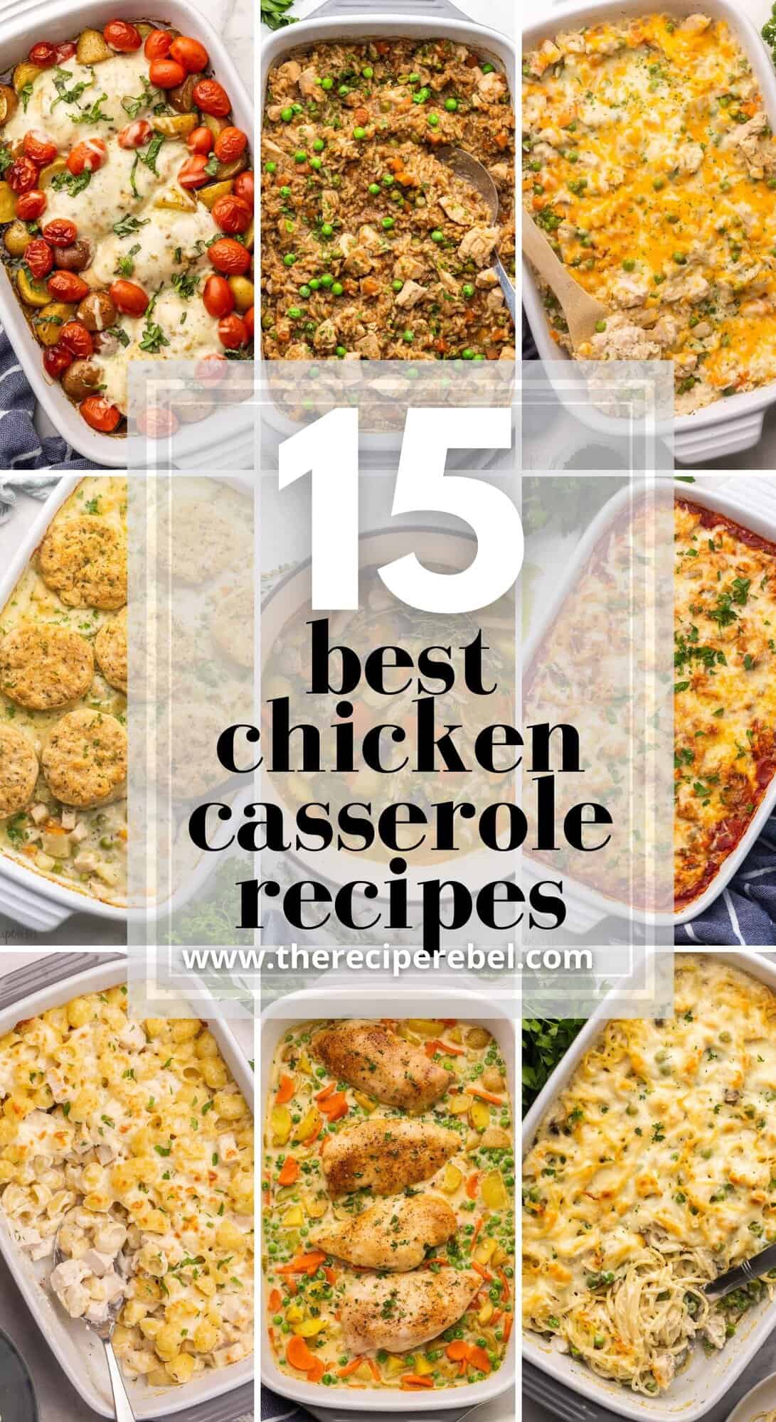 best chicken casserole recipes pin with collage of nine images.