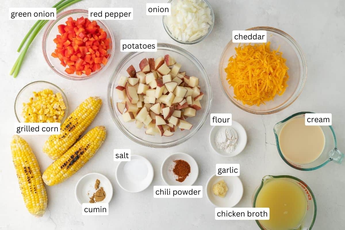ingredients needed for southwest corn chowder in bowls.