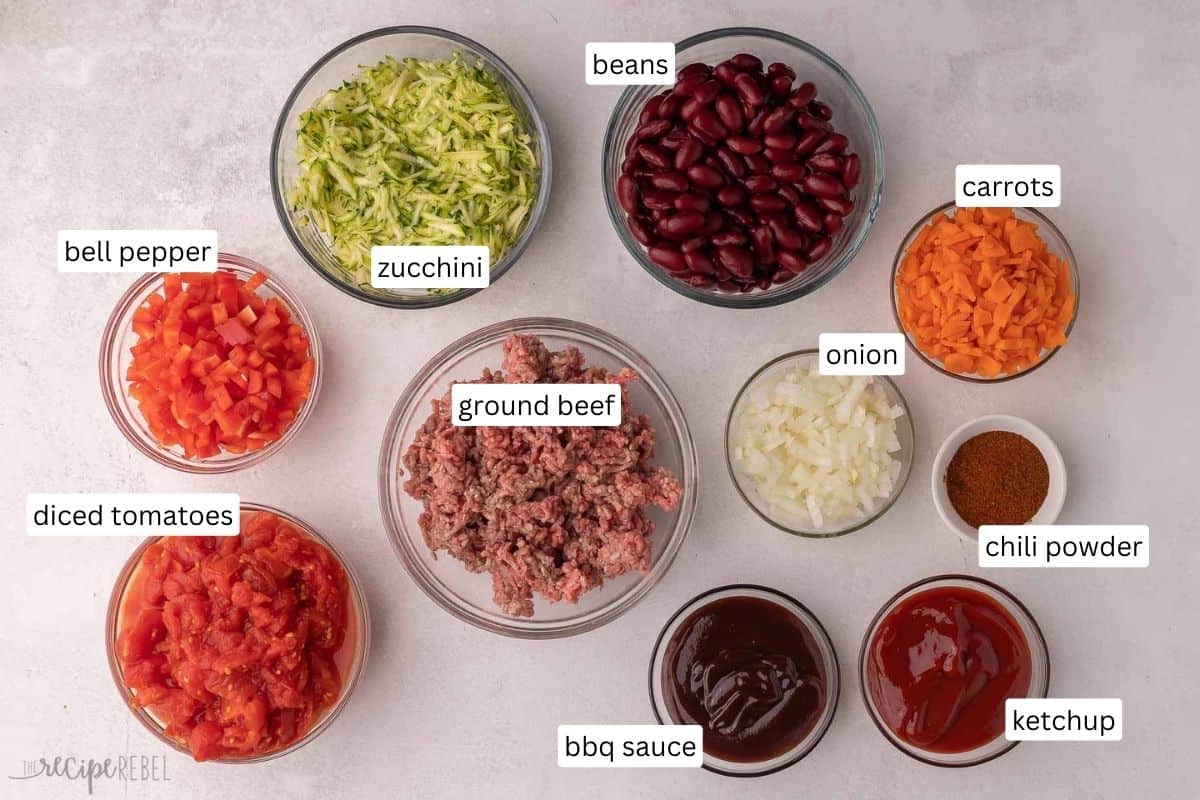 ingredients needed for bbq chili cheese biscuit casserole in bowls.
