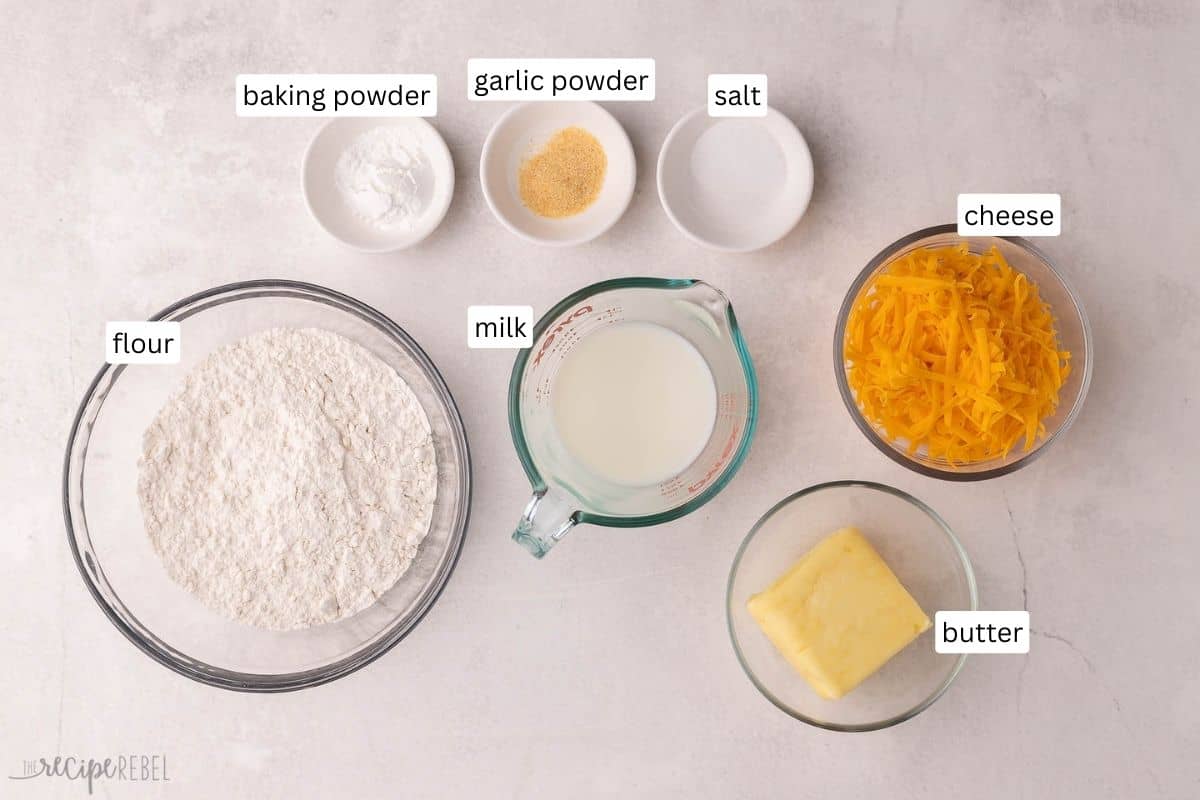 ingredients needed for bbq chili cheese biscuit casserole in bowls.