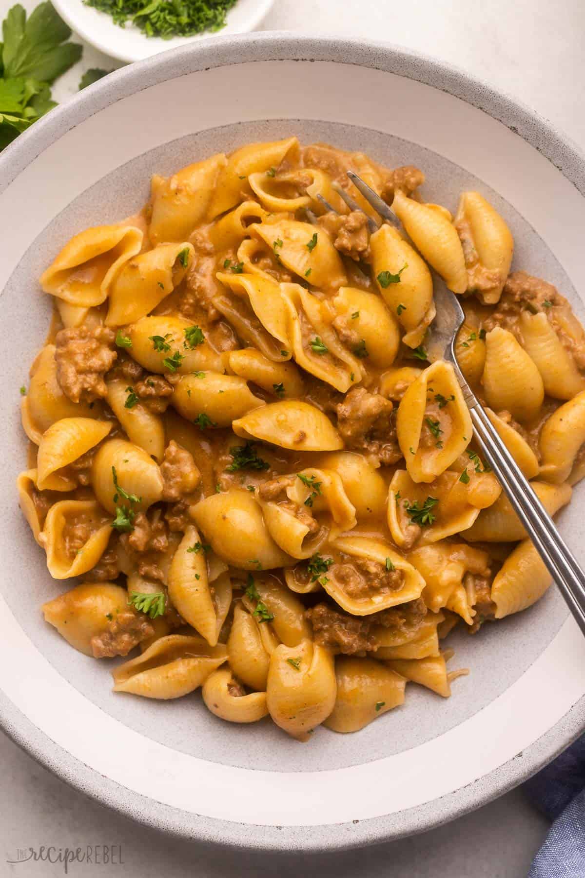 Cheeseburger Pasta takes everything you love about classic burger flavors and marries it with the goodness of cheesy pasta! It's stick-to-your-ribs comfort food that the whole family loves. Such an easy one pot recipe that's ready in just 30 minutes! #pasta #recipe #dinner | dinner ideas | easy dinner recipes | pasta recipes | ground beef recipes | ground beef pasta | cheesy pasta | family dinner | comfort food | one pot pasta | 30 minute meal a fork in a plate full of cheeseburger pasta.