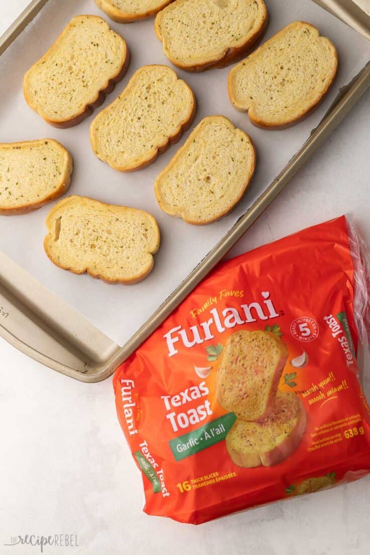 furlani garlic toast package with slices on a sheet pan.