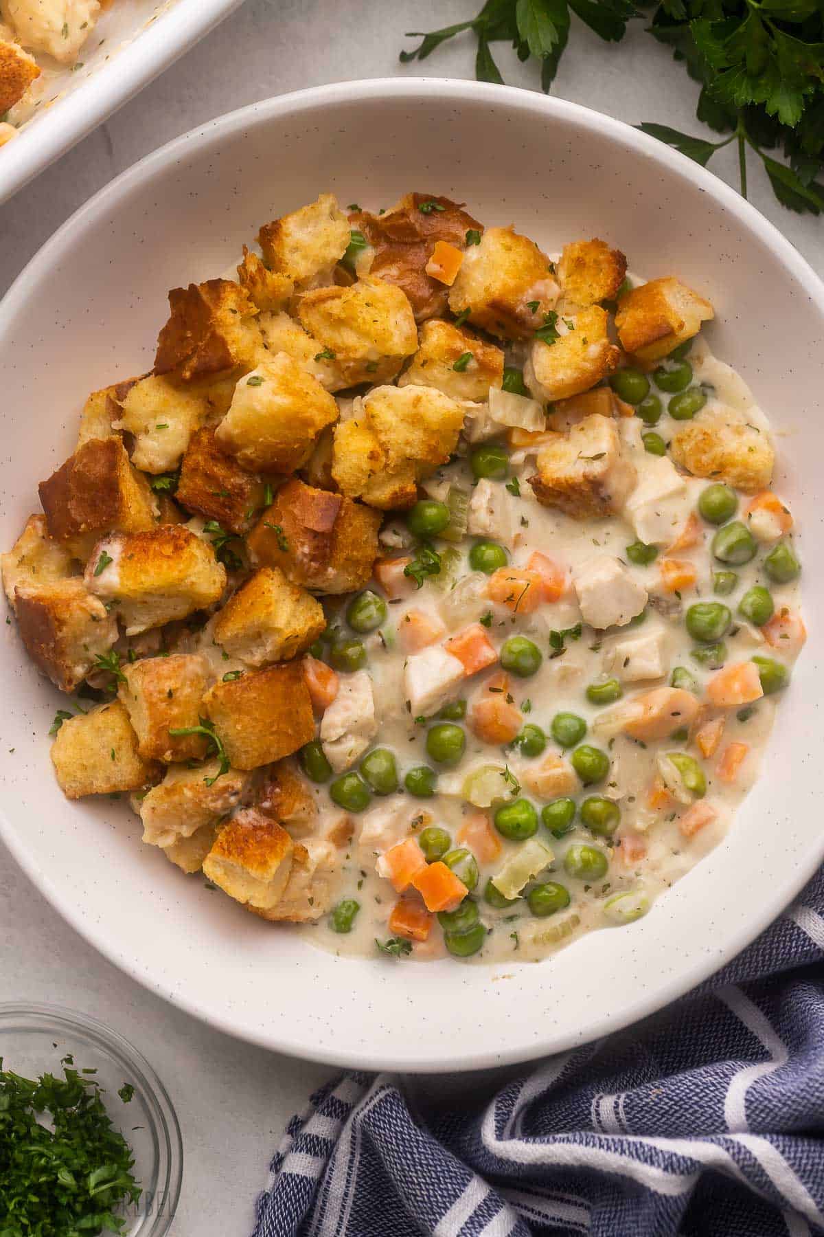 chicken and stuffing casserole in a large bowl.