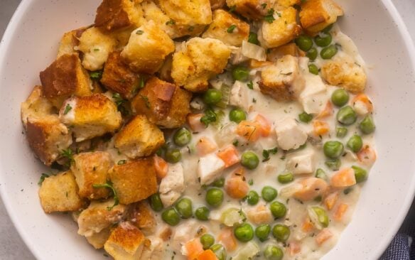 square image of chicken and stuffing casserole.