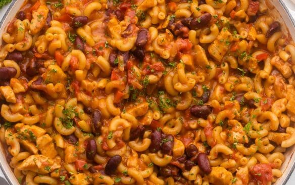 large white dish filled with bbq chicken chili mac.