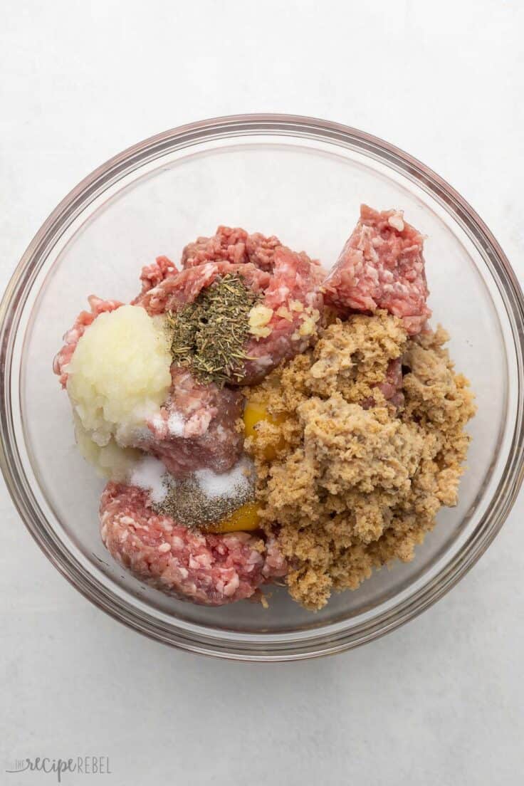 unmixed ingredients in a glass mixing bowl.
