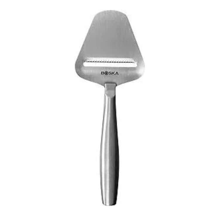 stainless steel handheld cheese slicer.