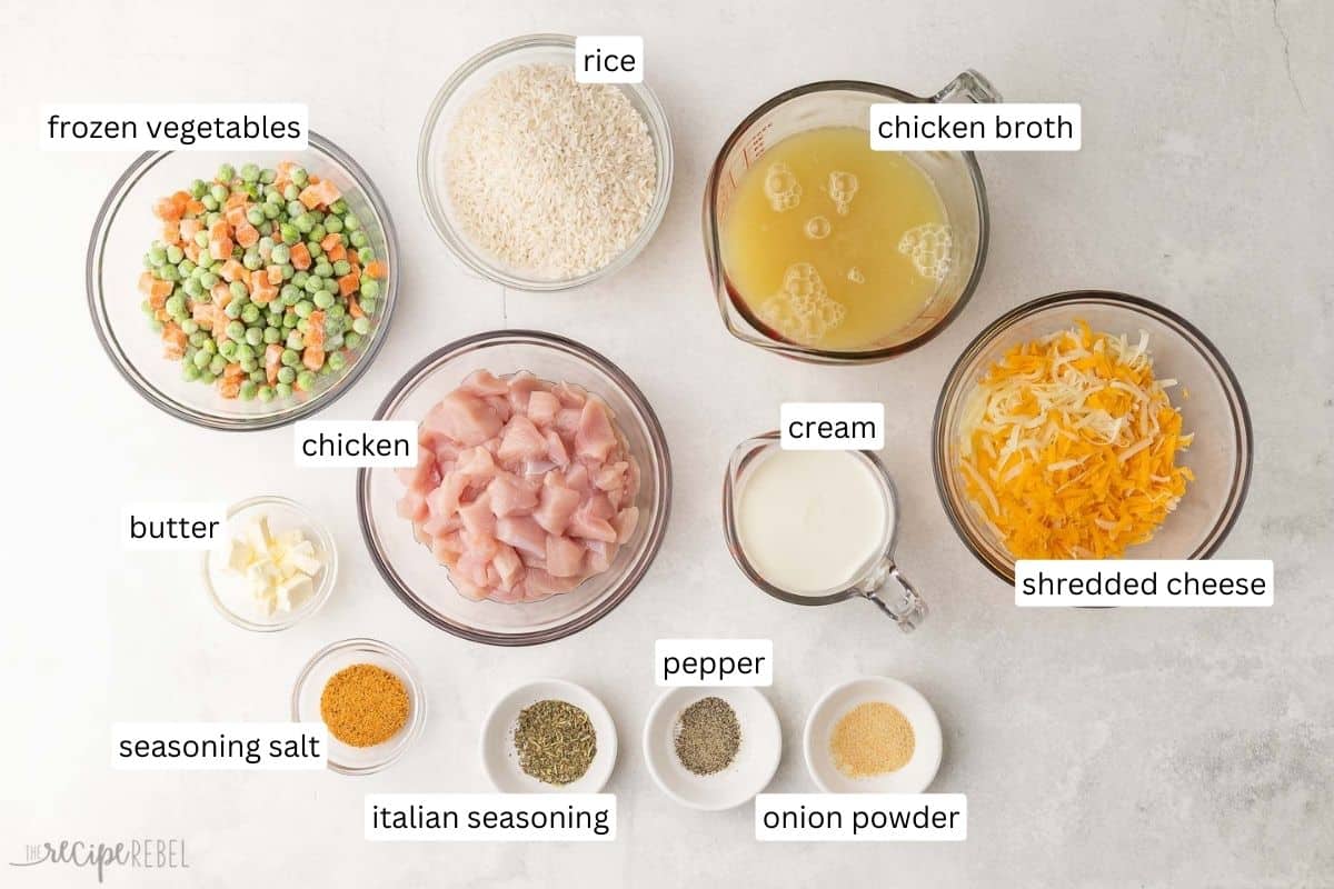 ingredients needed for cheesy chicken and rice casserole in bowls.