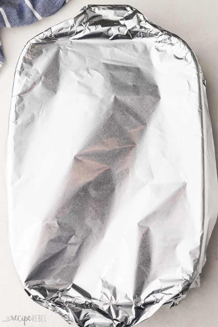 baking dish cover with aluminum foil ready for the oven.