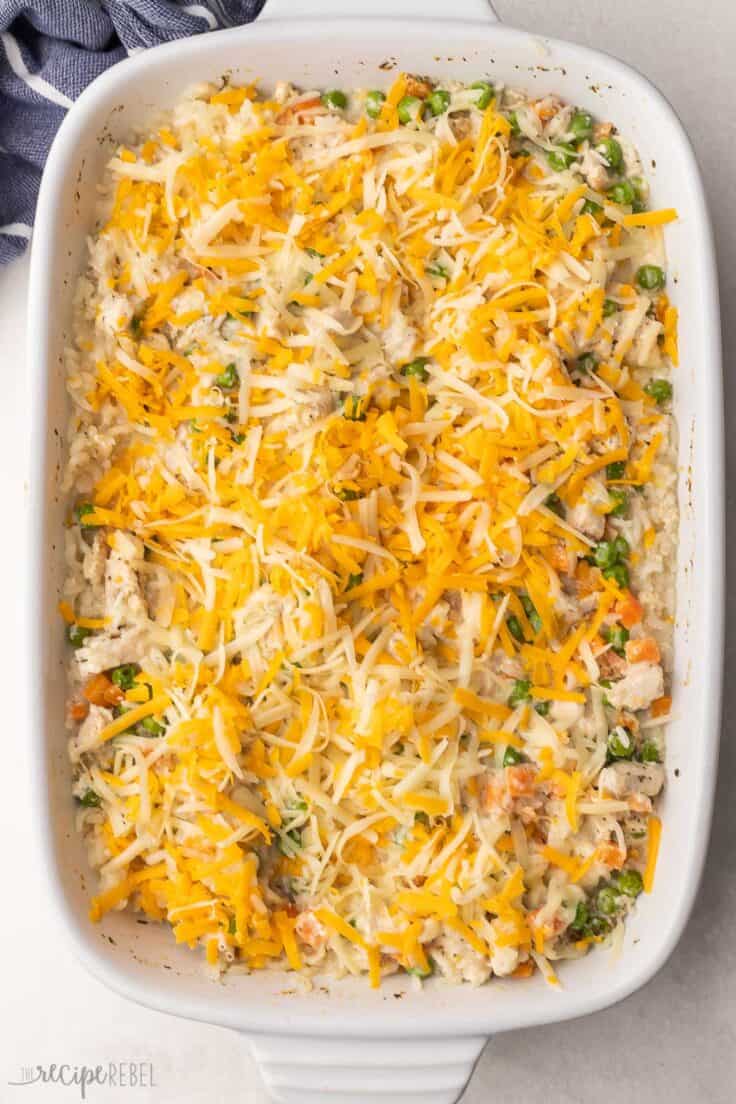 shredded cheese added to top of chicken and rice casserole.