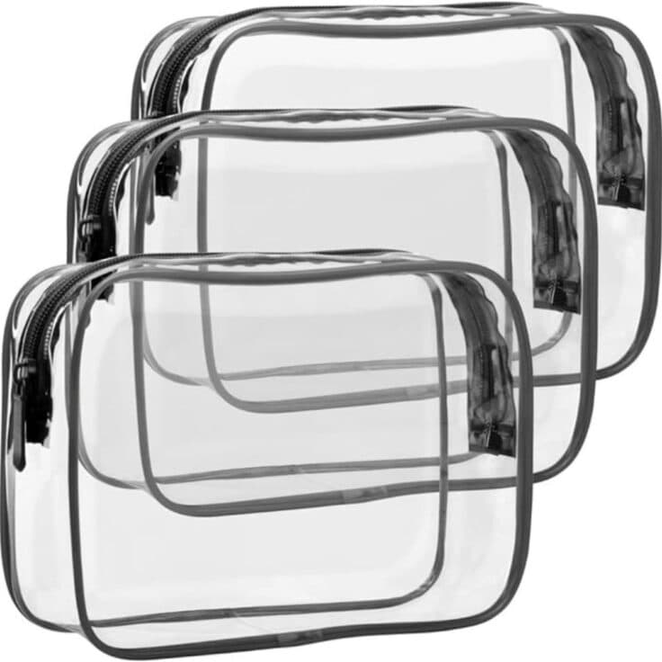 pack of three liquid toiletry bags clear and plastic.