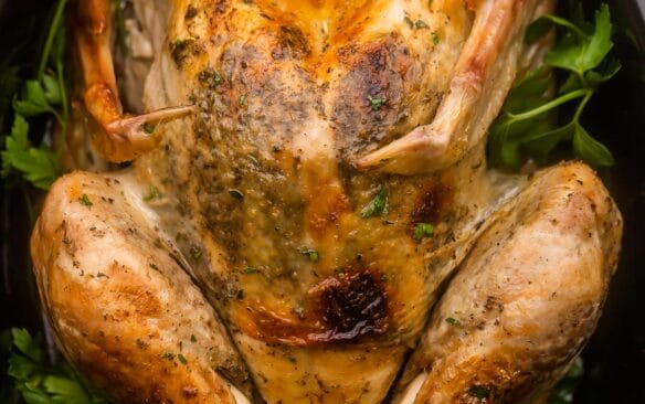 cooked turkey in black crockpot with parsley.