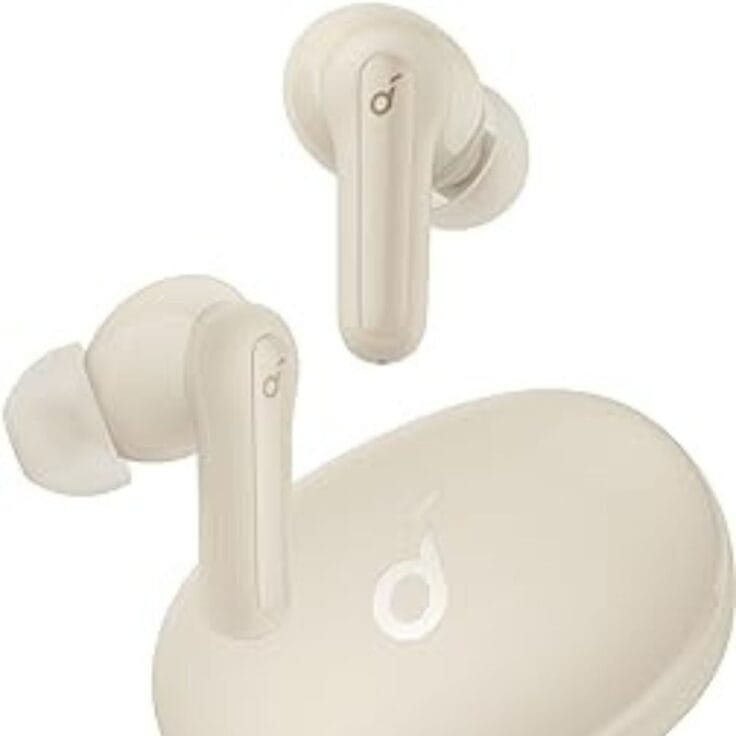 white soundcore ear buds with case.