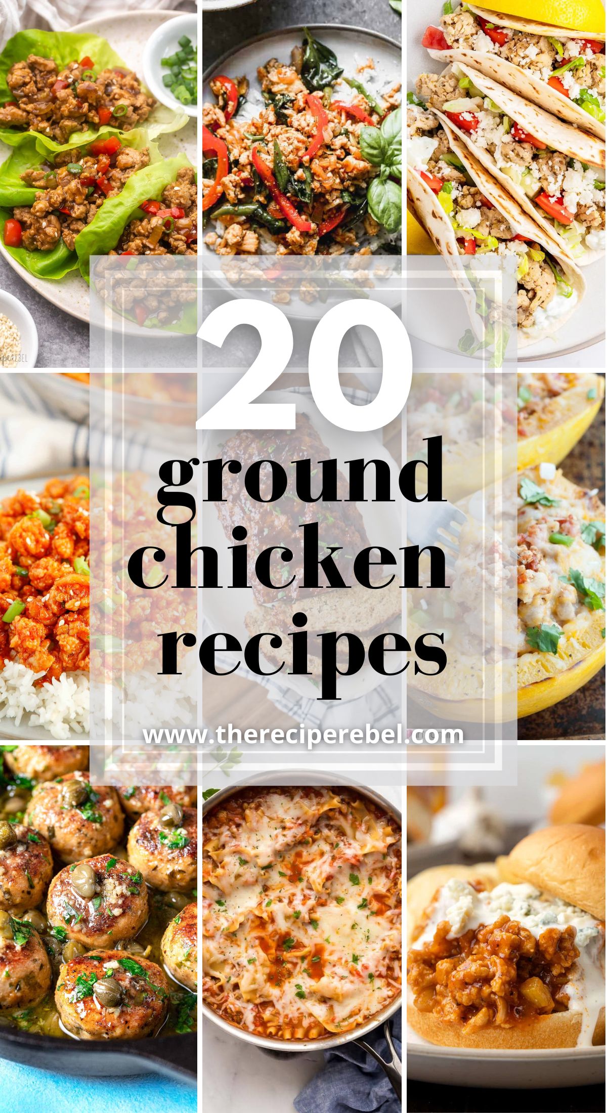 long collage of ground chicken recipes for pinterest.