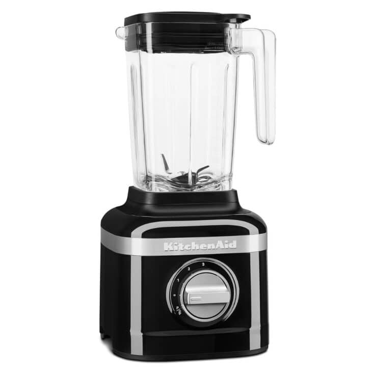 black kitchenaid blender on white background.