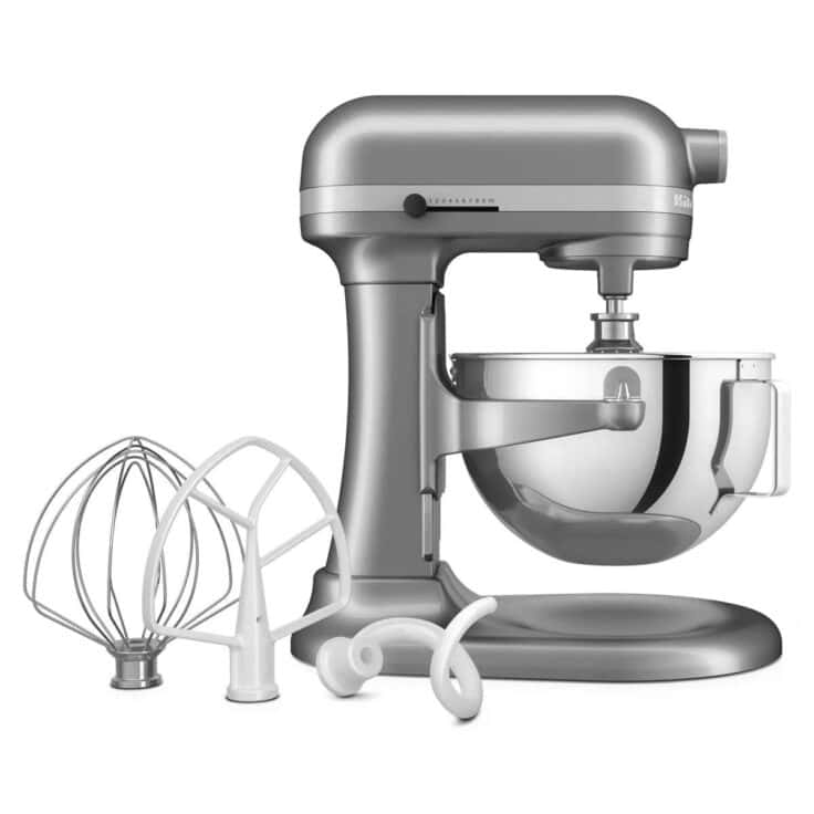 grey kitchenaid stand mixer with bowl lift.