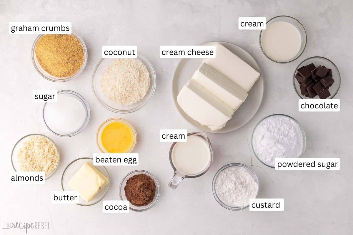 ingredients needed for no bake nanaimo bar cheesecake in bowls and plate.