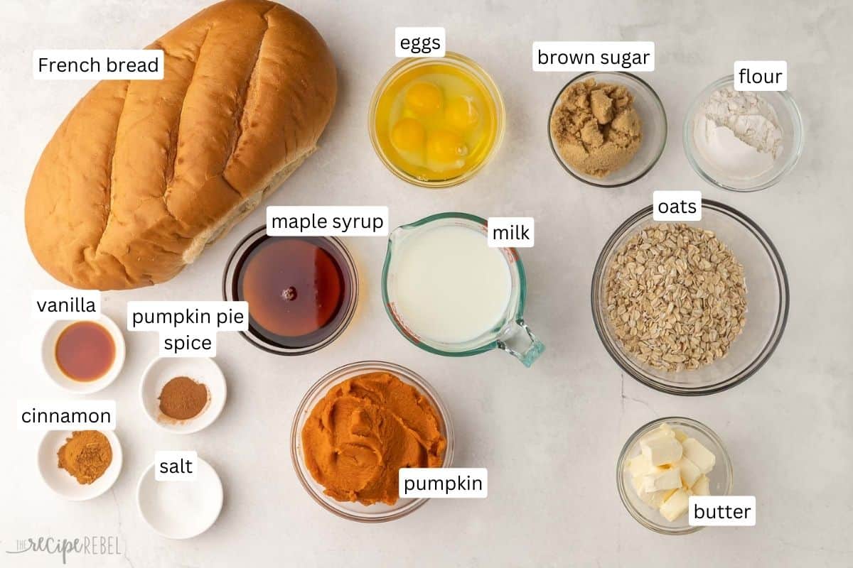 ingredients needed for pumpkin french toast casserole on grey surface.