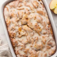 close up of a pan full of apple fritter cake.