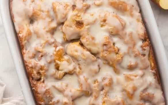 close up of a pan full of apple fritter cake.