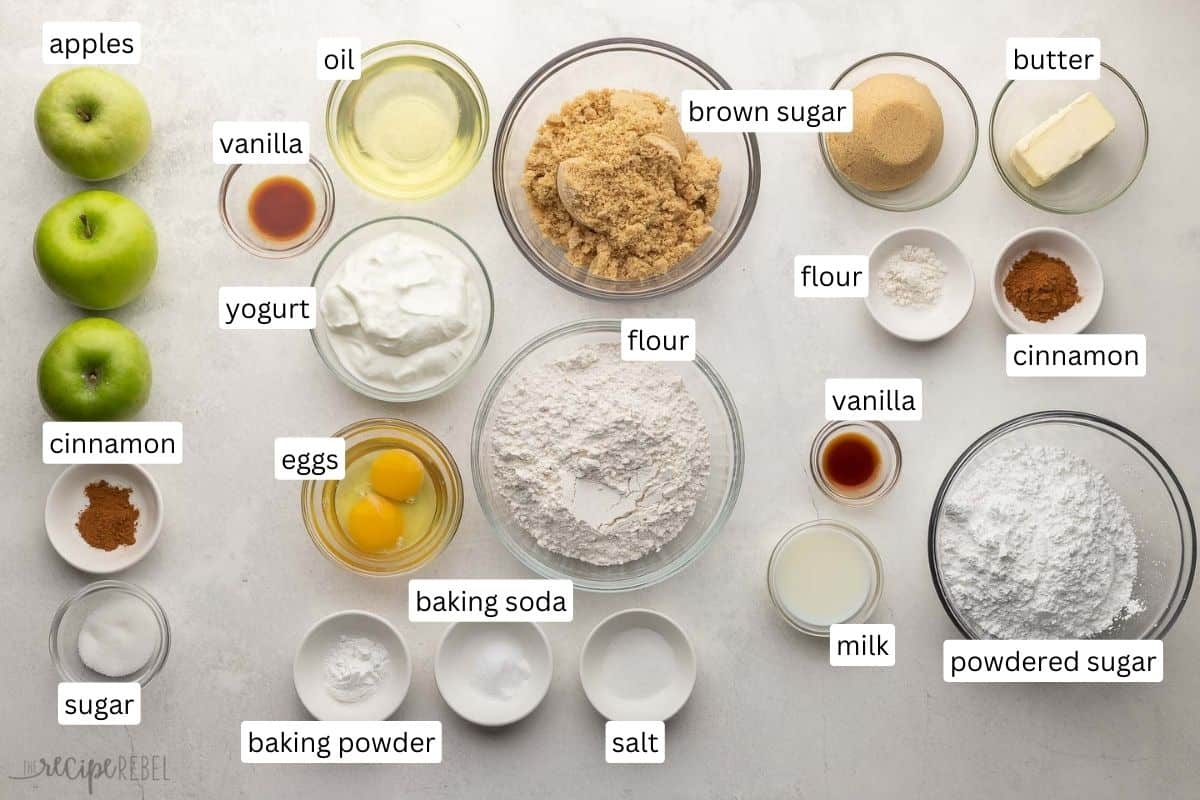 ingredients needed for apple fritter cake in bowls.