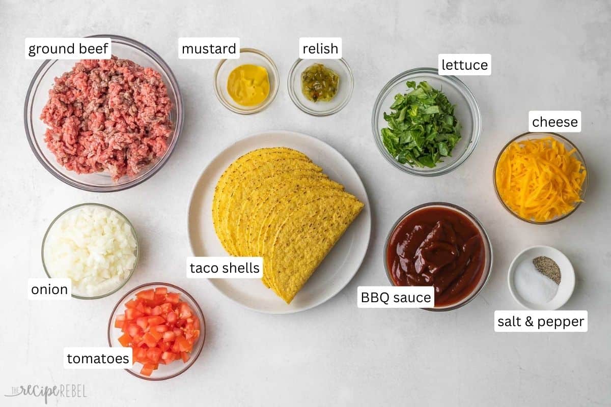ingredients needed for BBQ cheeseburger tacos in bowls and plate.