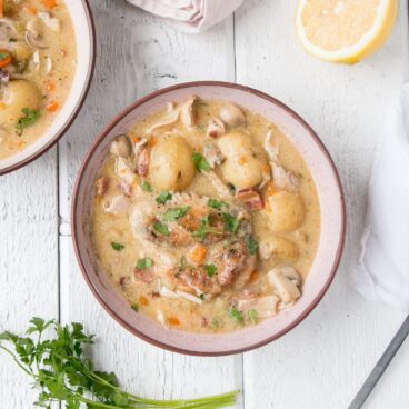 instant pot chicken fricasse in bowl on white background.