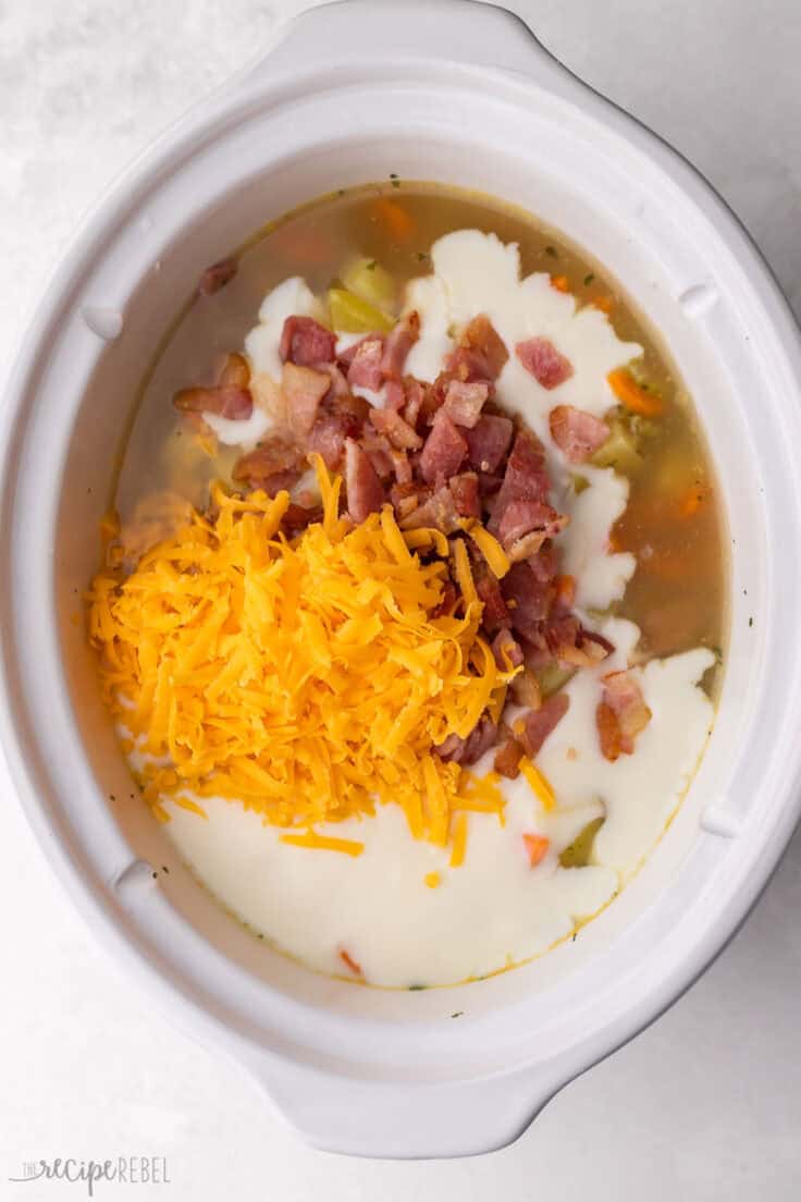 shredded cheese and chopped bacon added to crockpot.