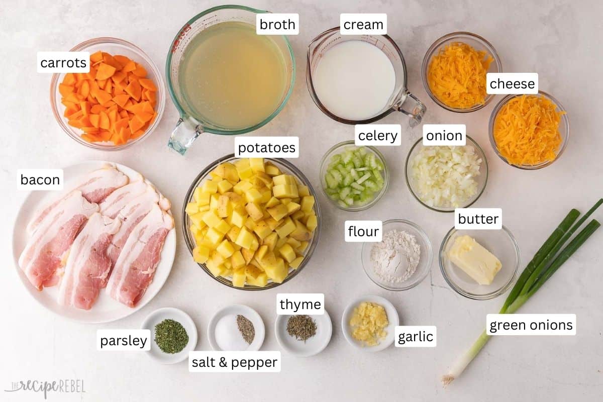 This Crockpot Potato Soup is thick, creamy, and loaded with tender potatoes, crispy bacon, cheddar cheese, green onions, and a few veggies for good measure. Cooked in the slow cooker for hours, it’s a great recipe for busy days! #slowcooker #crockpot #soup #recipe | crockpot meals | slow cooker soup | potato recipes | comfort food | soup recipes ingredients needed for crockpot potato soup in bowls and plate.