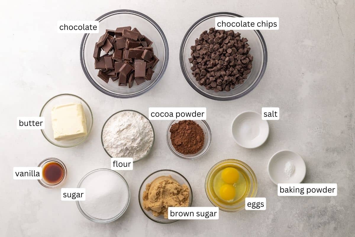 ingredients needed for double chocolate chip cookies in bowls.