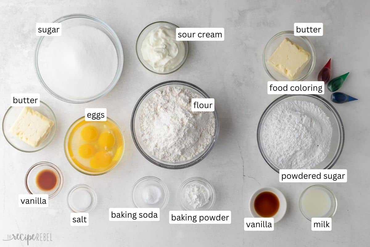 Sour Cream Sugar Cookies are soft and fluffy with the perfect balance of sweetness — they're perfect with or without frosting and make a great freezer-friendly holiday cookie! #christmas #baking #cookies | christmas cookies | christmas baking | sugar cookies | frosted cookies | sour cream cookies ingredients needed for grandmas sour cream cookies in bowls.