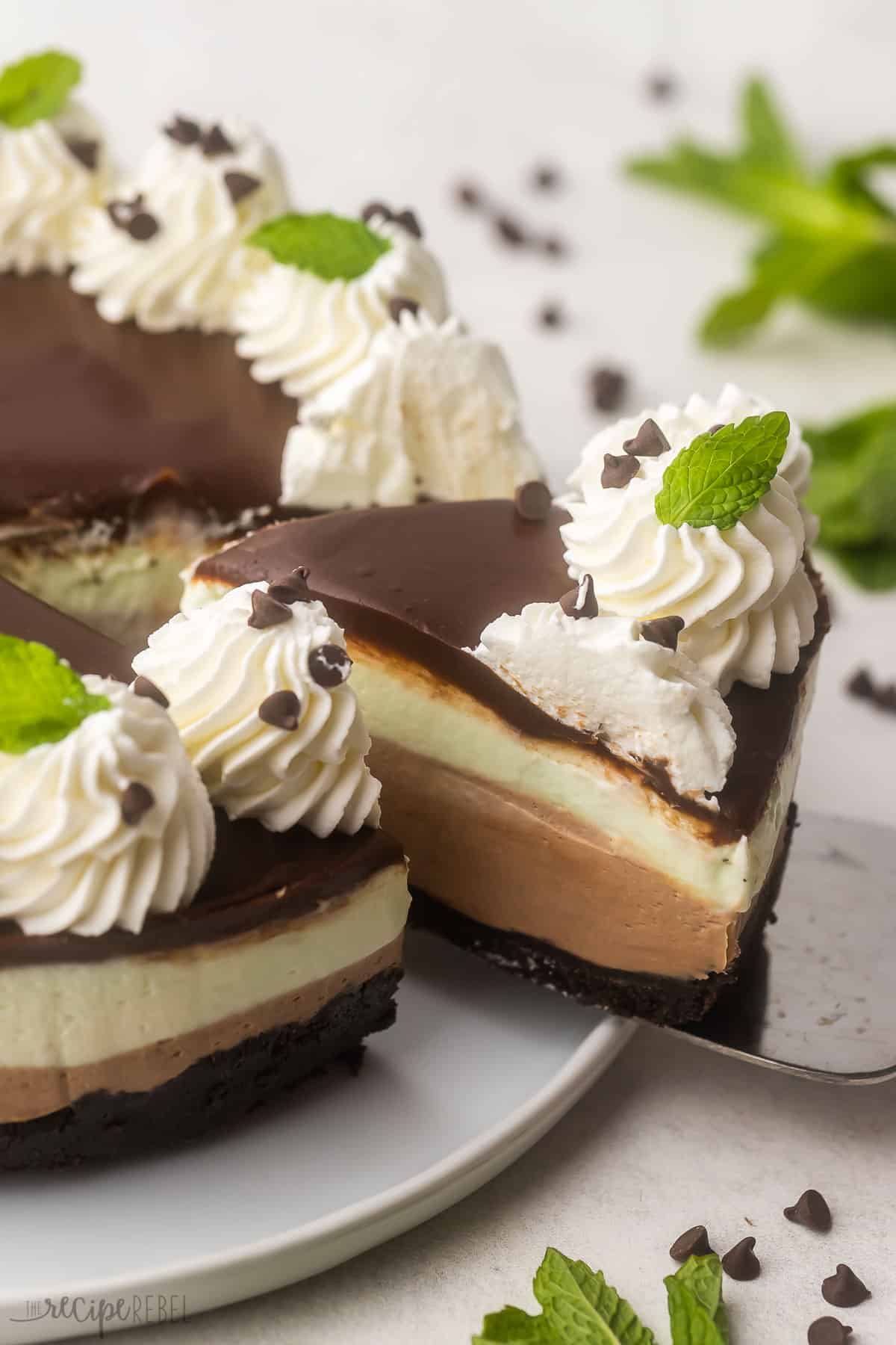 Mint Chocolate Cheesecake is an impressive no bake Christmas dessert! It’s made with a chocolate cookie crust filled with creamy mint and chocolate cheesecake filling, and topped off with a homemade chocolate ganache, whipped cream, and chocolate curls. #cheesecake #nobake #dessert #christmas | christmas dessert | no bake dessert | no bake recipes | christmas dessert | christmas recipes | easy dessert | mint chocolate | chocolate mint a piece of mint chocolate cheesecake coming off plate with chocolate chips beside.