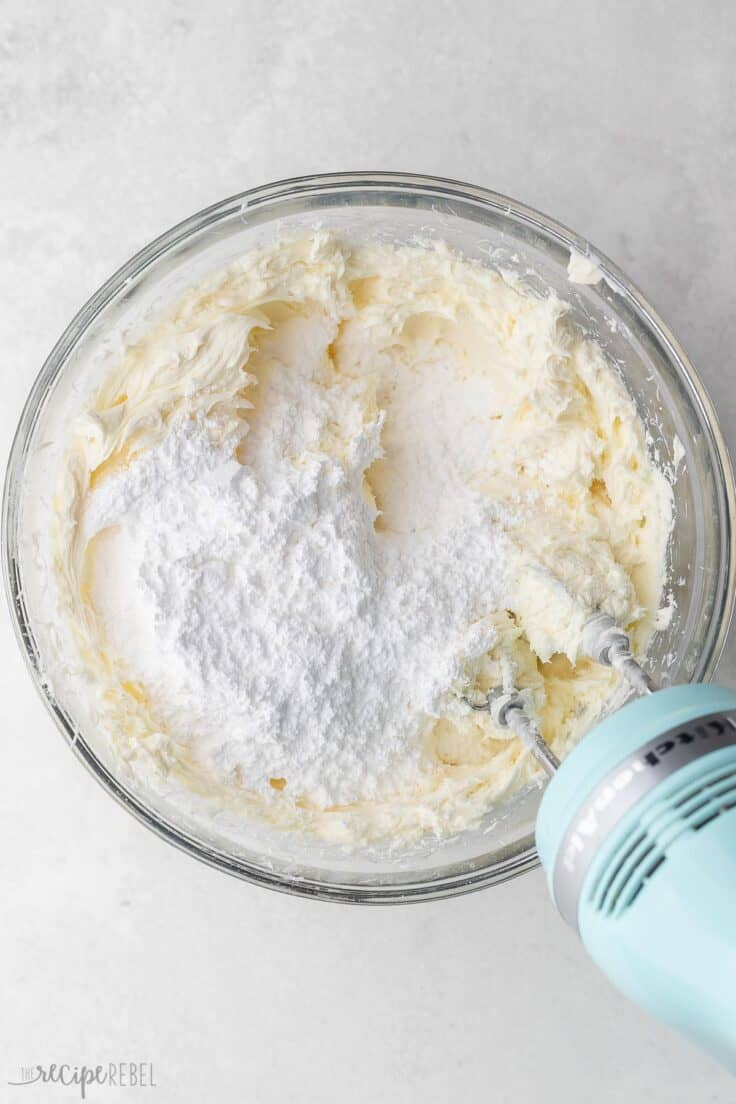powdered sugar added to top of other ingredients in mixing bowl.