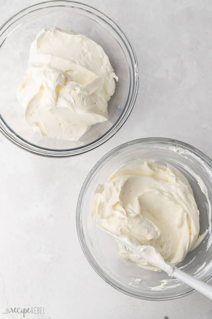 two glass bowls of mixed ingredients on grey surface.