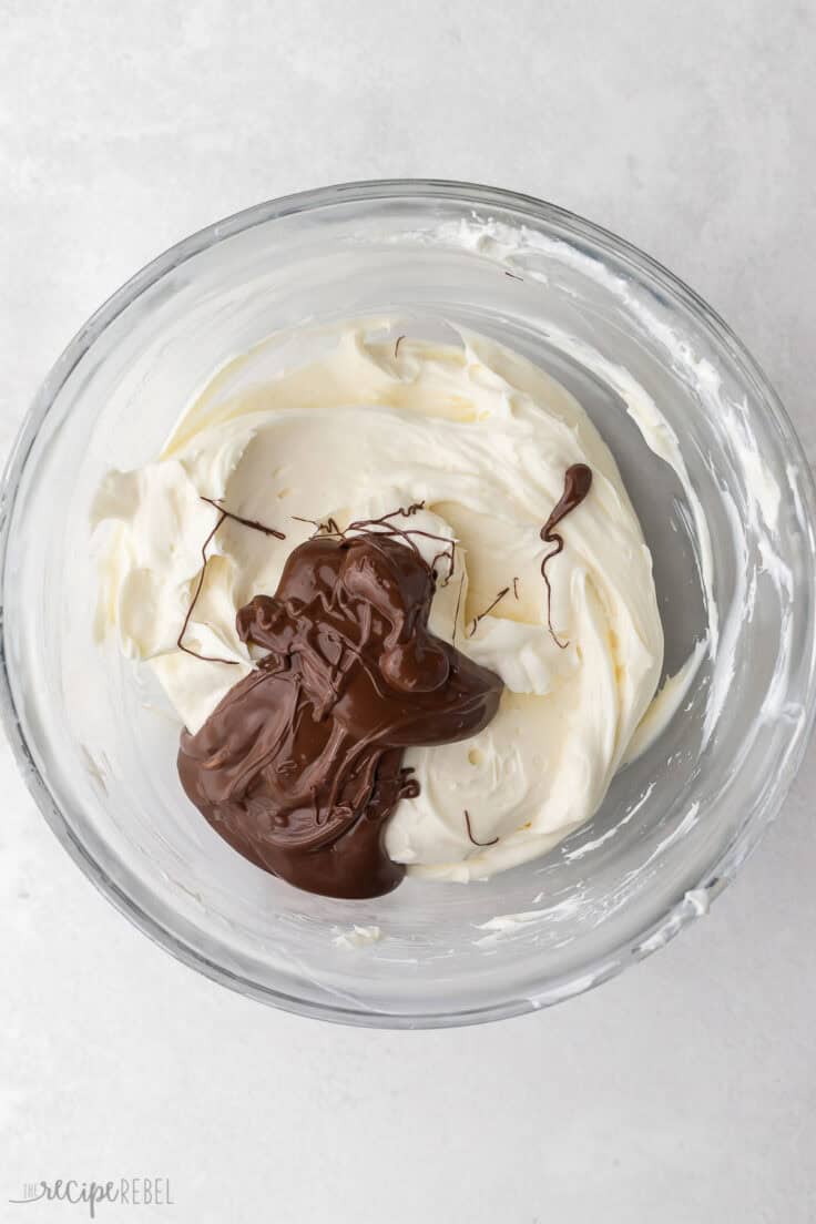 melted chocolate added to bowl of other ingredients.