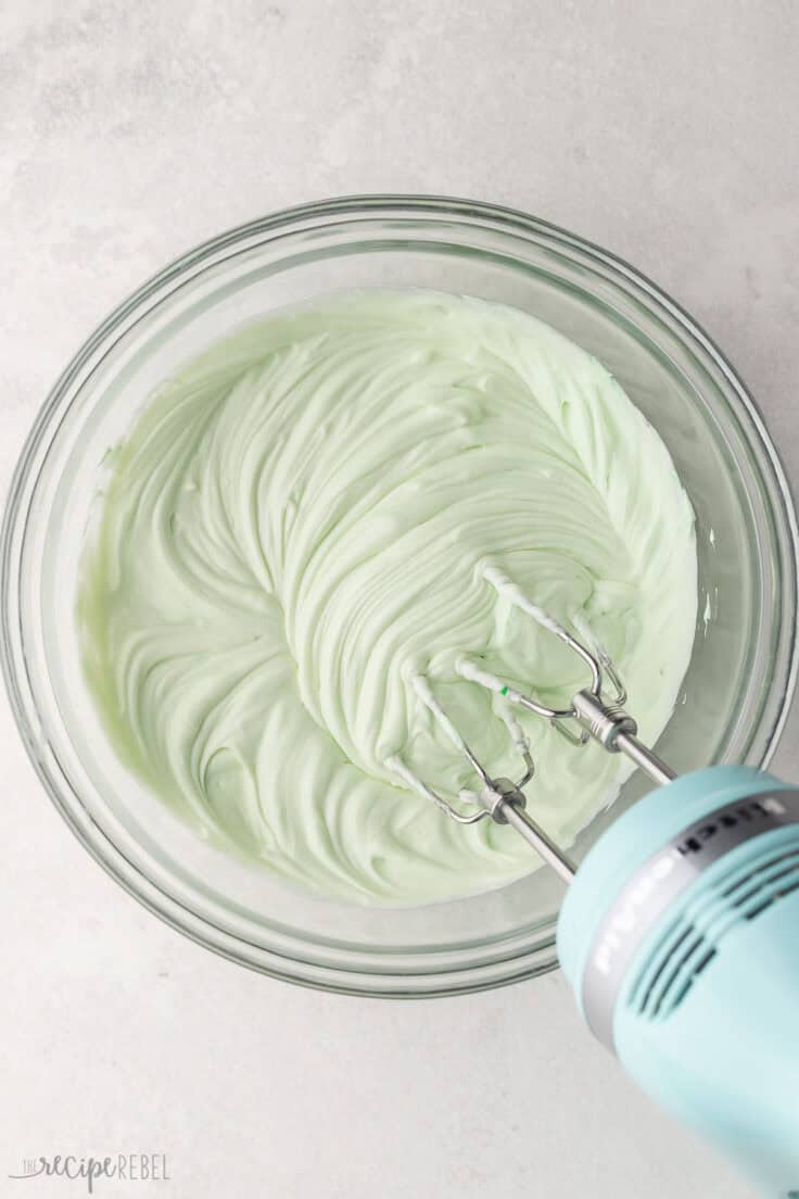 mixed cream cheese mint mixture in glass bowl.