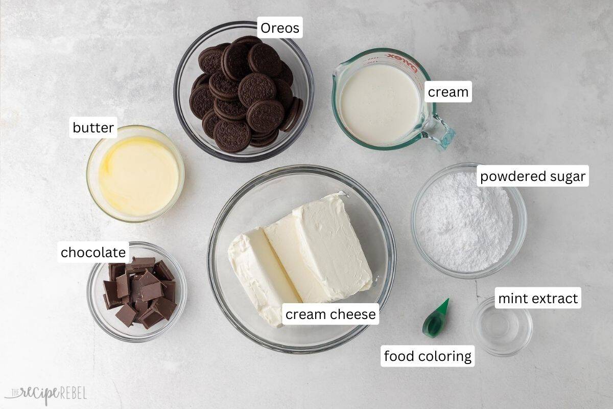 ingredients needed for no bake mint chocolate cheesecake in bowls.
