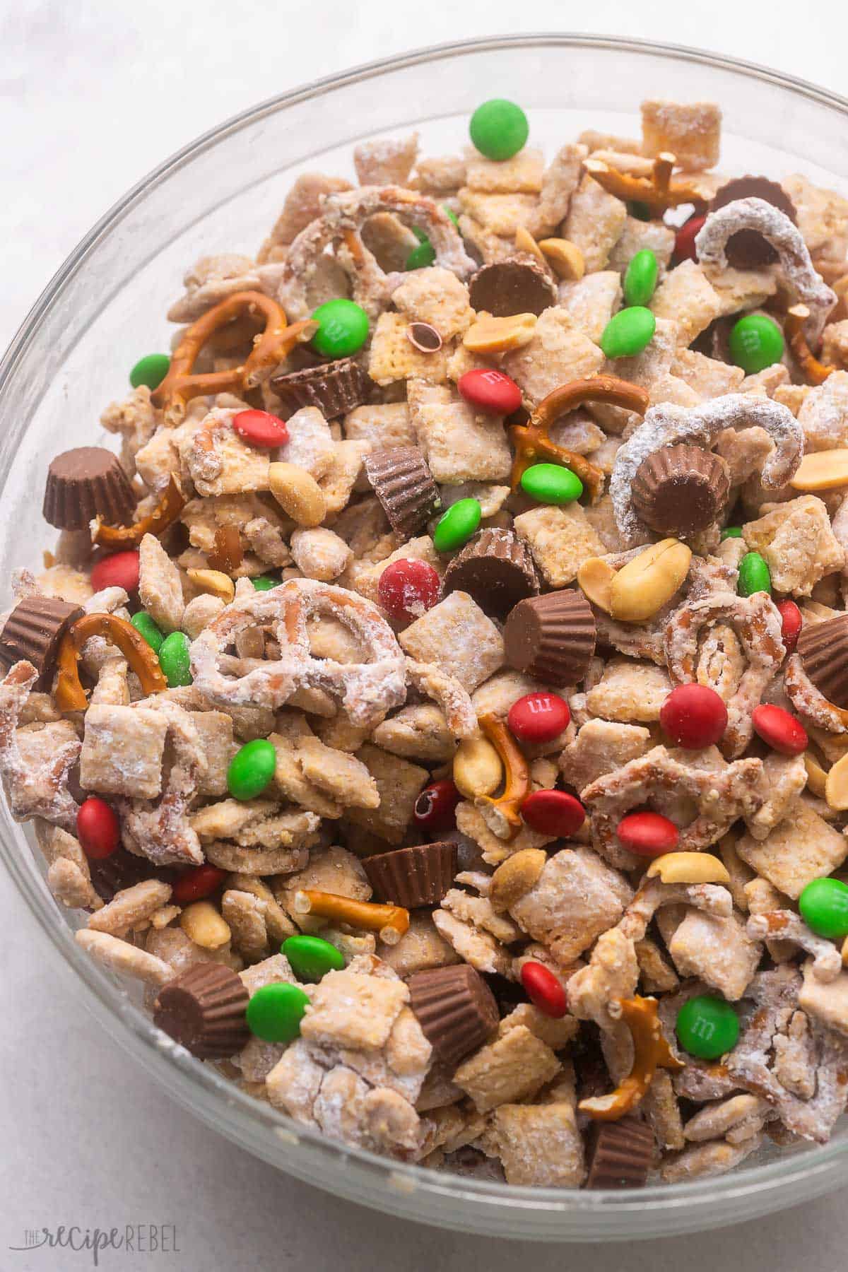 large glass bowl filled with reindeer chow.