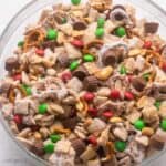 close up of reindeer chow in a large glass bowl.